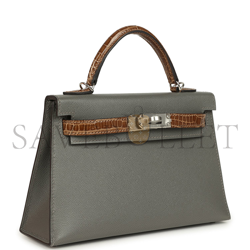 H**mes MASTER MINI KELLY SELLIER GRIS MEYER MADAME AND FICELLE SHINY ALLIGATOR TOUCH PALLADIUM HARDWARE (19*12*5.5cm)